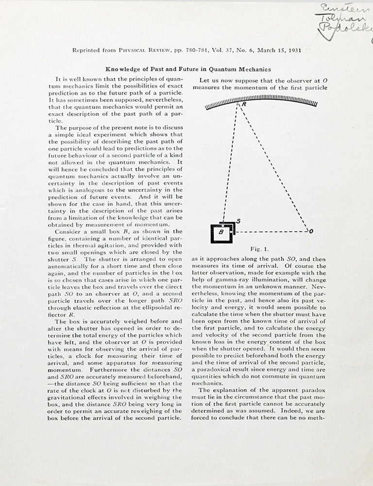 Item #11 Knowledge of Past and Future in Quantum Mechanics. ALBERT EINSTEIN, RICHARD C. TOLMAN, BORIS PODOLSKY.