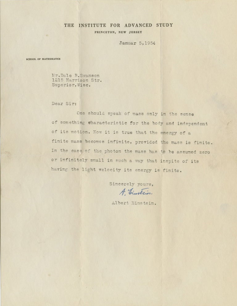 Typed Letter Signed. ALBERT EINSTEIN.
