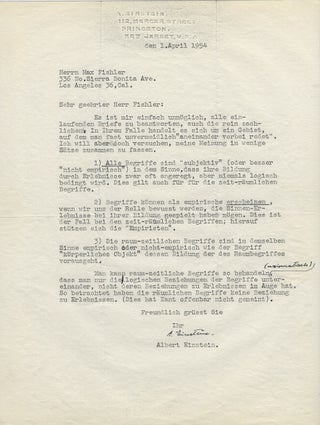Item #134 Typed Letter Signed [TLS] to Max Fishler on the Nature of Reality. ALBERT EINSTEIN