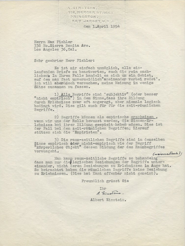 Item #134 Typed Letter Signed [TLS] to Max Fishler on the Nature of Reality. ALBERT EINSTEIN.