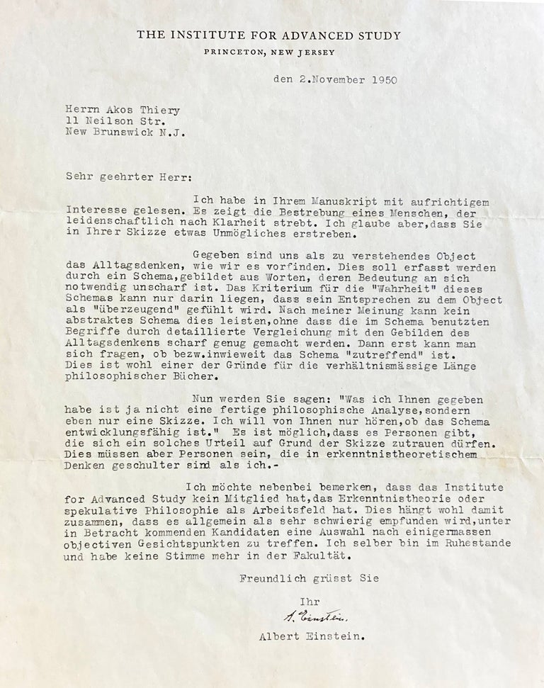 Typed Letter Signed on the Nature Truth. ALBERT EINSTEIN.