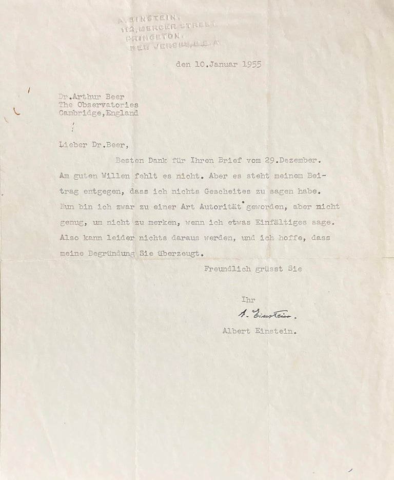 Item #156 Typed Letter Signed [TLS] on Becoming an Authority. ALBERT EINSTEIN.