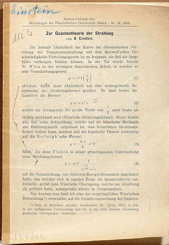 Item #17 Zur Quantentheorie der Strahlung [On the Quantum Theory of Radiation]. ALBERT EINSTEIN.