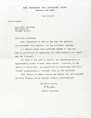 Item #9 Typed Letter Signed on the Nature of Time. ALBERT EINSTEIN