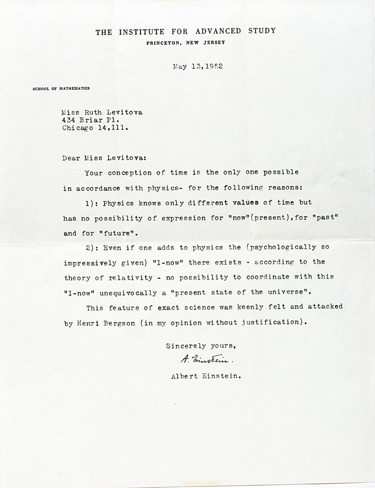 Item #9 Typed Letter Signed on the Nature of Time. ALBERT EINSTEIN.