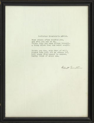 Item #90 “Godfather Einstein’s Advice”: Typed Document Signed. ALBERT EINSTEIN