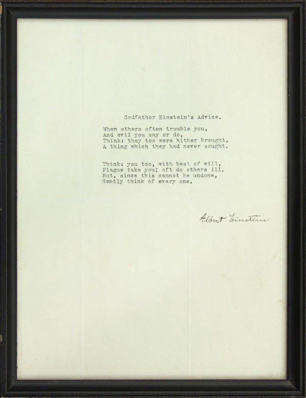 Item #90 “Godfather Einstein’s Advice”: Typed Document Signed. ALBERT EINSTEIN.