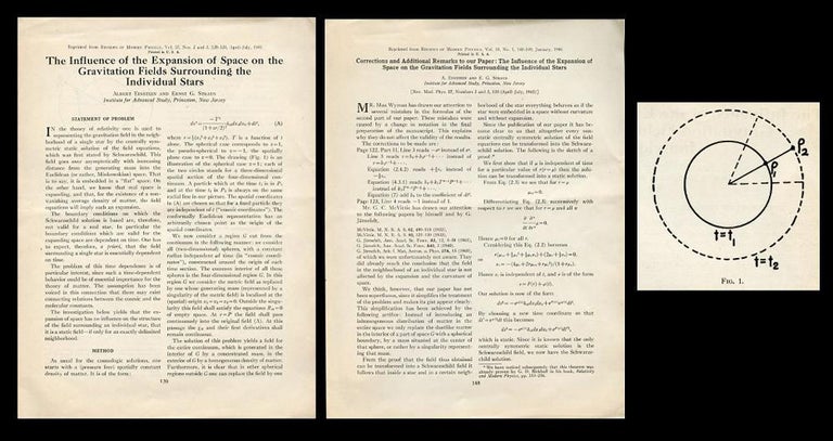 Item #96 The Influence of the Expansion of Space on the Gravitation Fields Surrounding the Individual Stars. WITH: Corrections and Additional Remarks to Our Paper. ALBERT EINSTEIN, ERNST G. STRAUS.